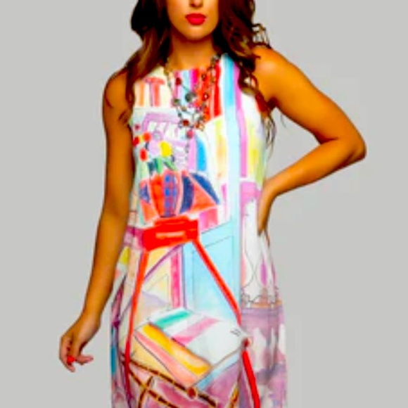 Warehouse brand cotton A-line dress in abstract art multi print women’s size 10 - Picture 1 of 7